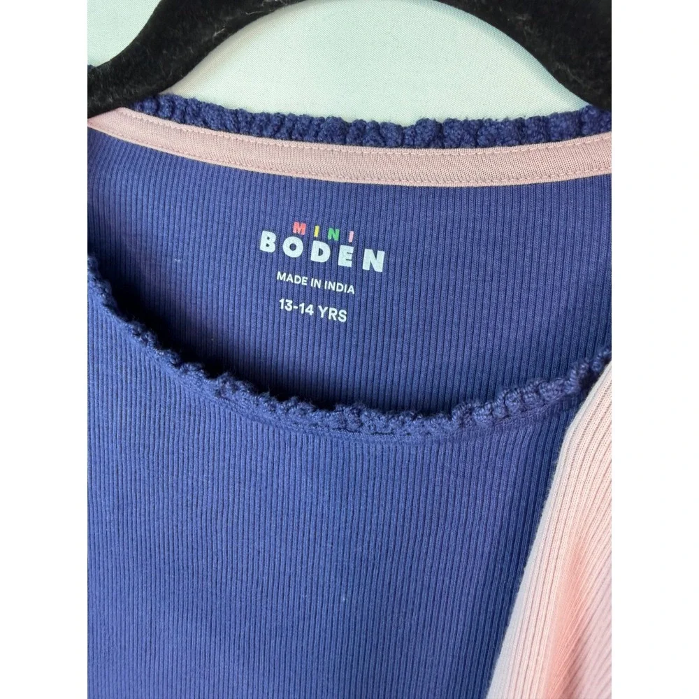 Mini Boden Girls Ribbed Long Sleeve Tops 2PK Navy Pink Lettuce Trim 13-14Y